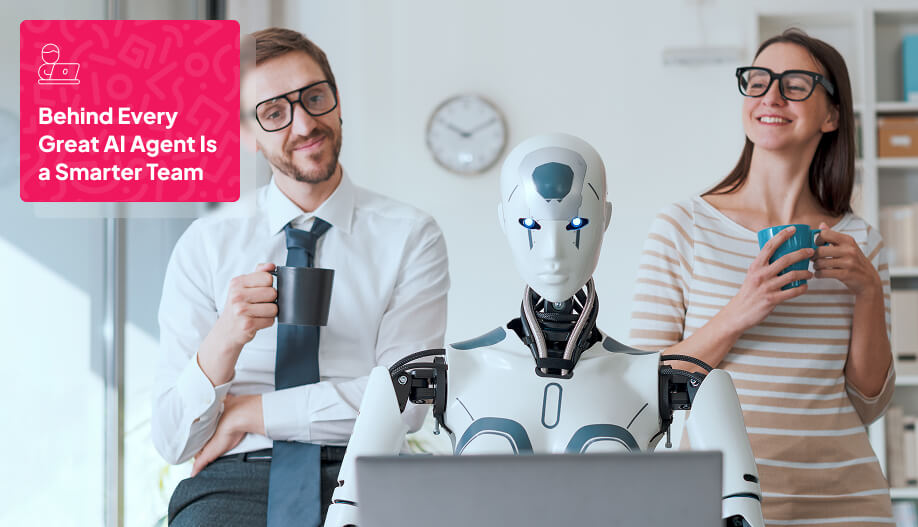 two humans looking at a humanoid robot doing something in a computer