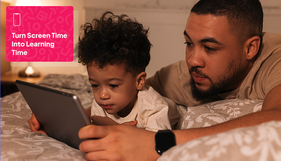 a father reading a bed time story from a tablet screen to his child