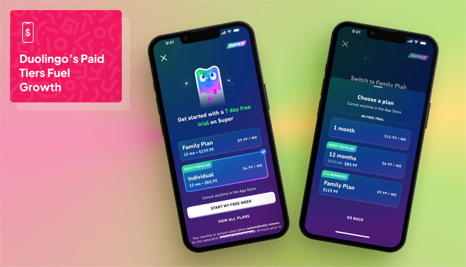 mobile phone screen showing doulingo's subscription plans