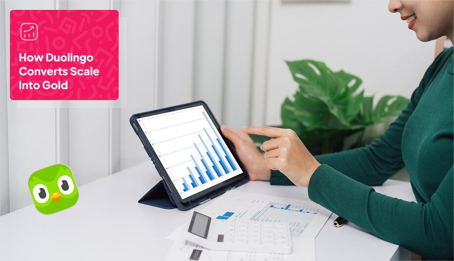 a tablet screen showing a progressive financial report of Doulingo's revenue