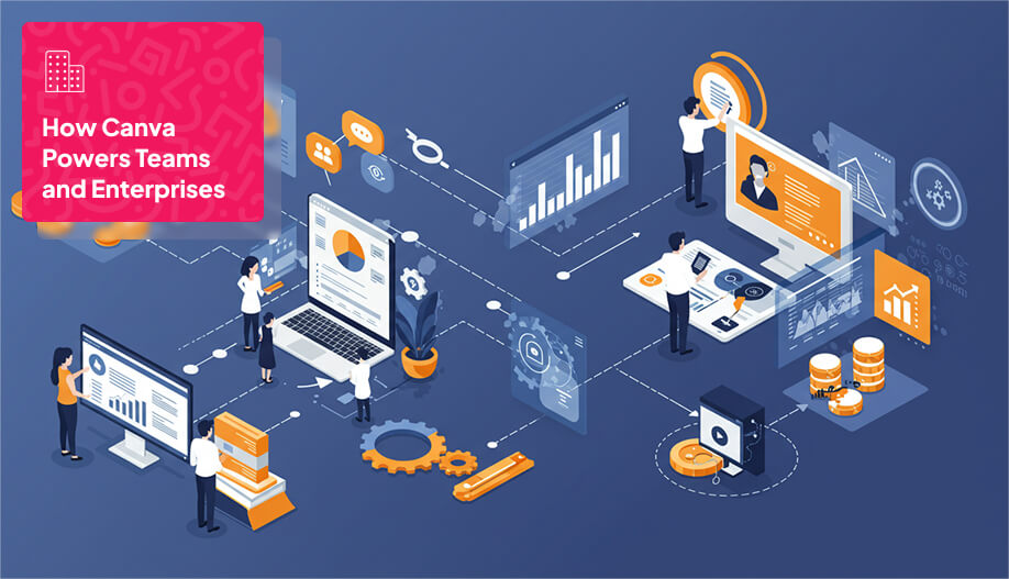 an animated illustration of employees from an enterprise working together