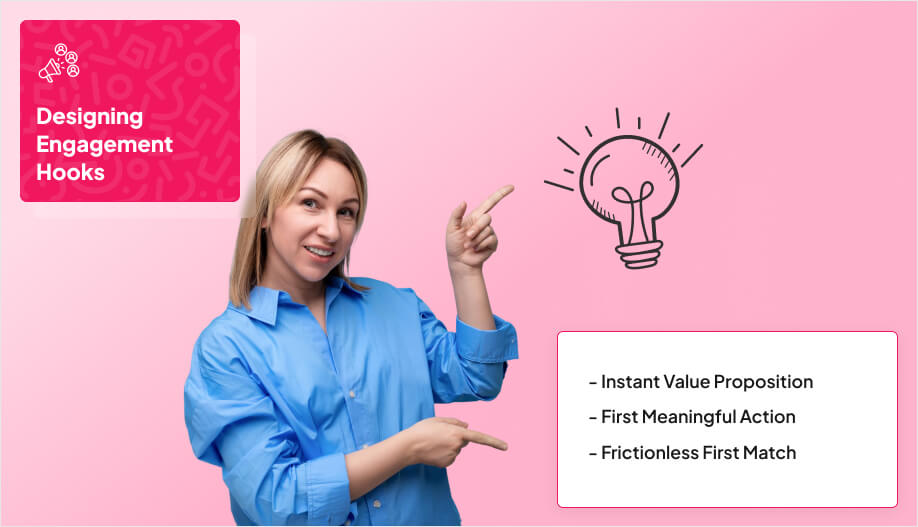 a woman pointing at a drawn bulb signifying 'aha moments'