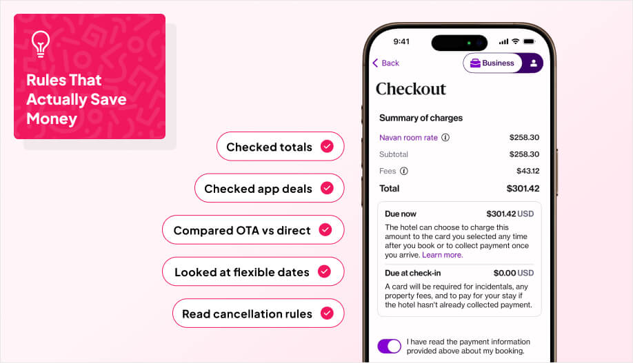 a phone screen showing a hotel checkout page with the full total visible.
