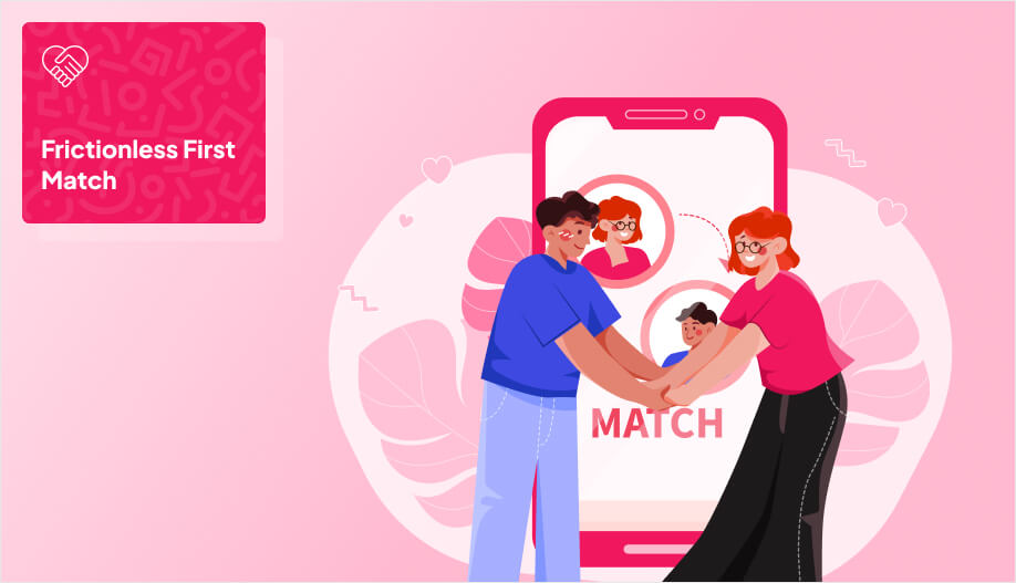 animated couple holding hands with a phone screen in the background showing the word 'match'