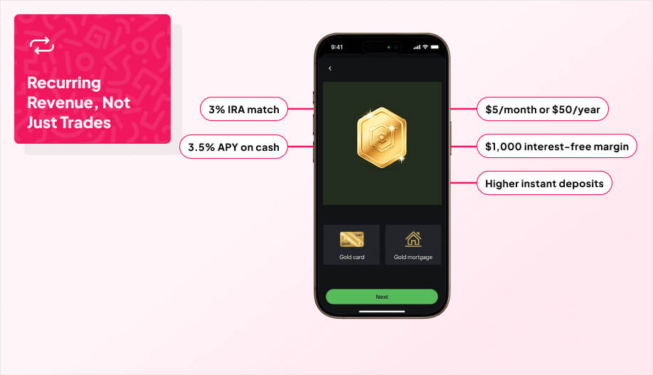 A Robinhood-style app screen showing a Gold badge at the top