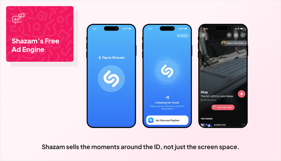 simple “scan journey” mockup of the Shazam flow