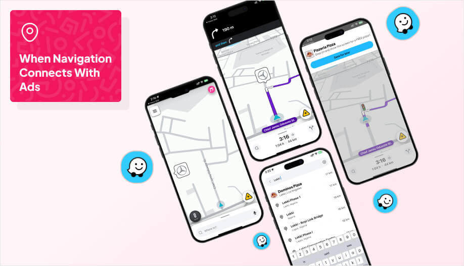 a phone mock up screens showing waze features