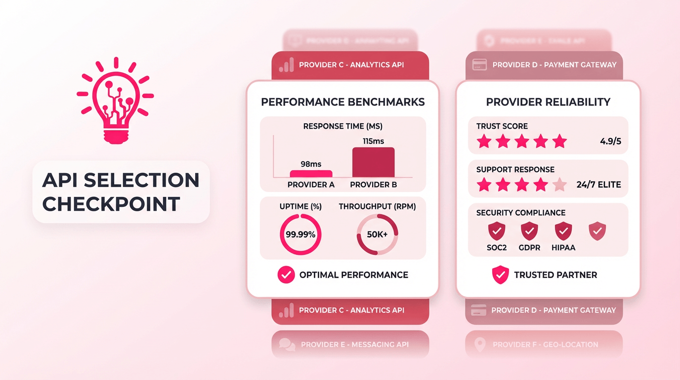 API selection checkpoint showing side-by-side cards for performance benchmarks and provider reliability.
