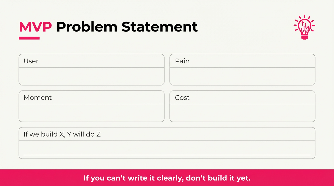 4 labeled fields (User, Pain, Moment, Cost) + one line at bottom that says “If we build X, Y will do Z”