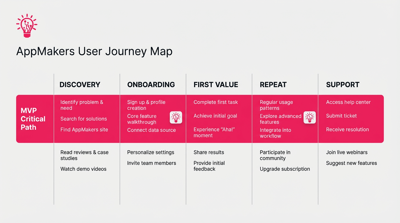 a story map diagram that show the stages across the top that says Discovery, Onboarding, First Value, Repeat, and Support with 2–3 user tasks under each