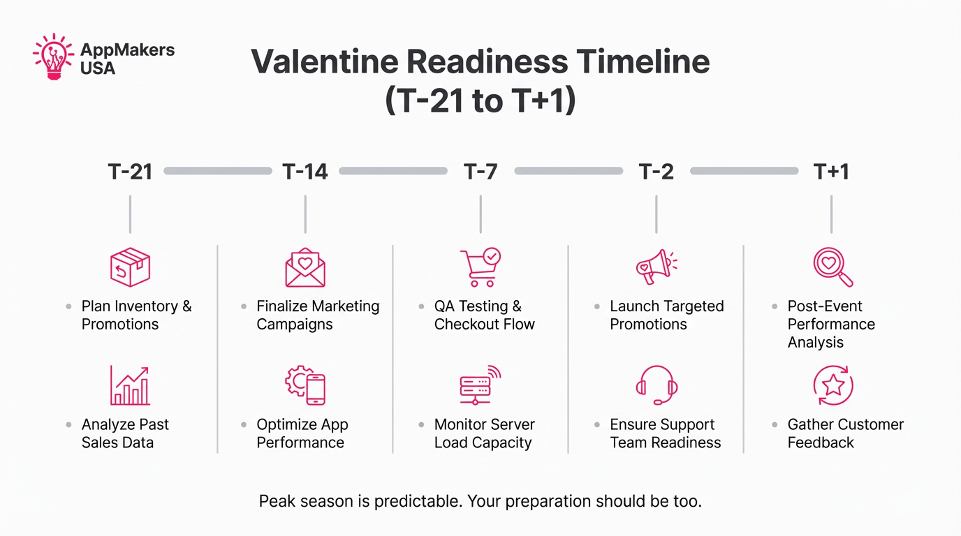 a simple calendar-style timeline graphic with a title at top that says “Valentine Readiness Timeline (T-21 to T+1)”