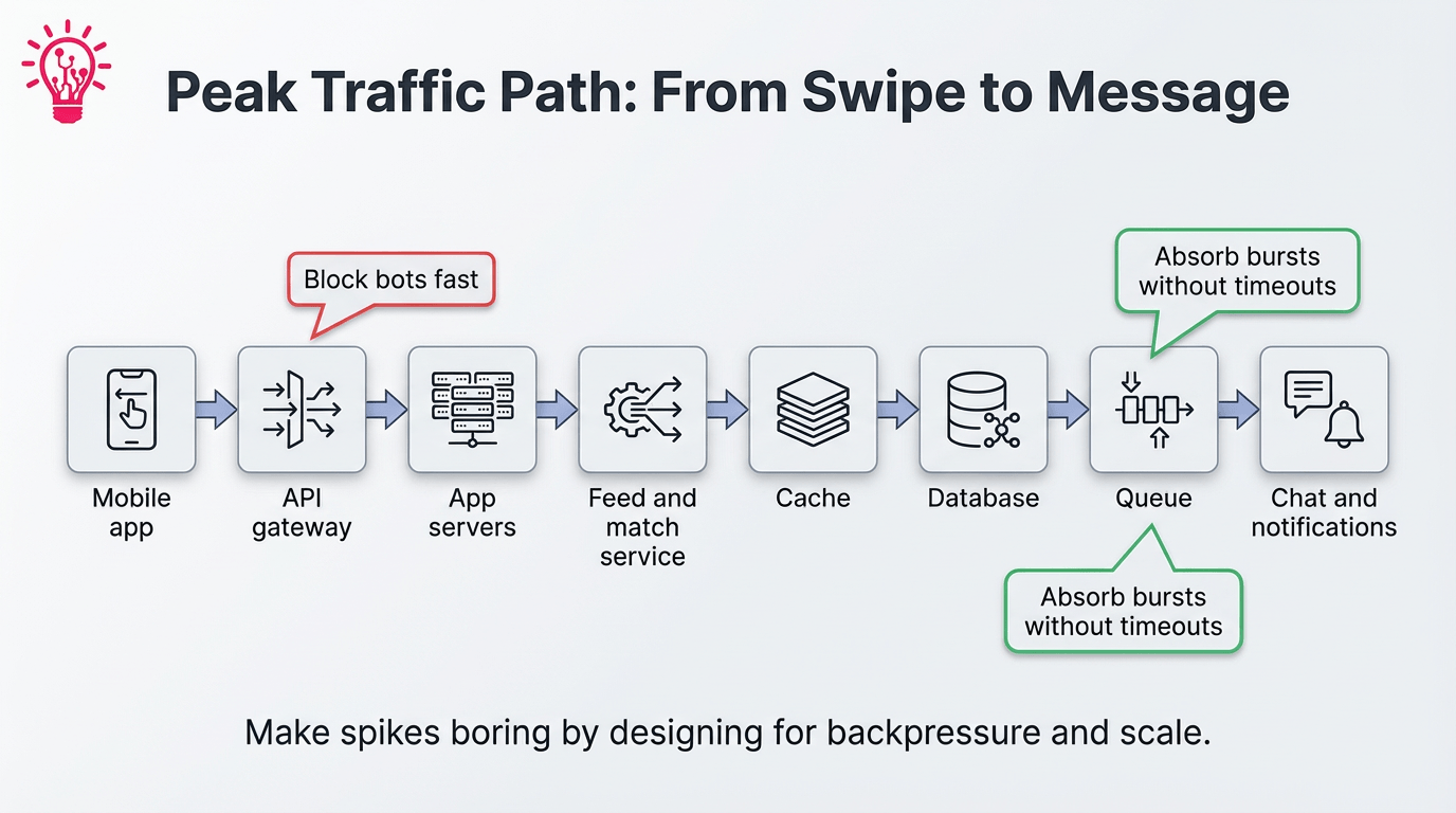 a simple architecture flow diagram with a title that says “Peak Traffic Path: From Swipe to Message” and it has eight labeled blocks