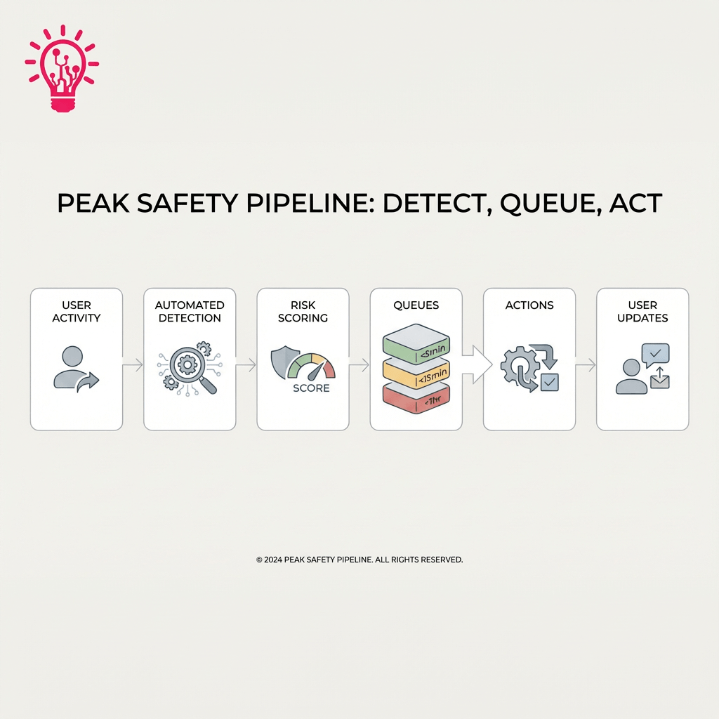 a simple moderation pipeline diagram with six blocks and a bottom caption bar that says “Treat safety like uptime: measurable, staffed, and enforced.”