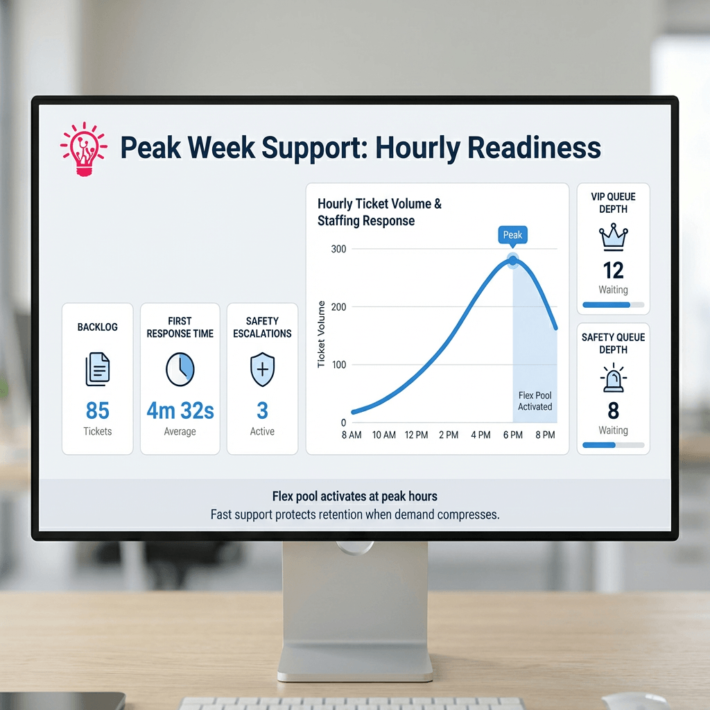 a support operations dashboard mock with visual details including a one line chart