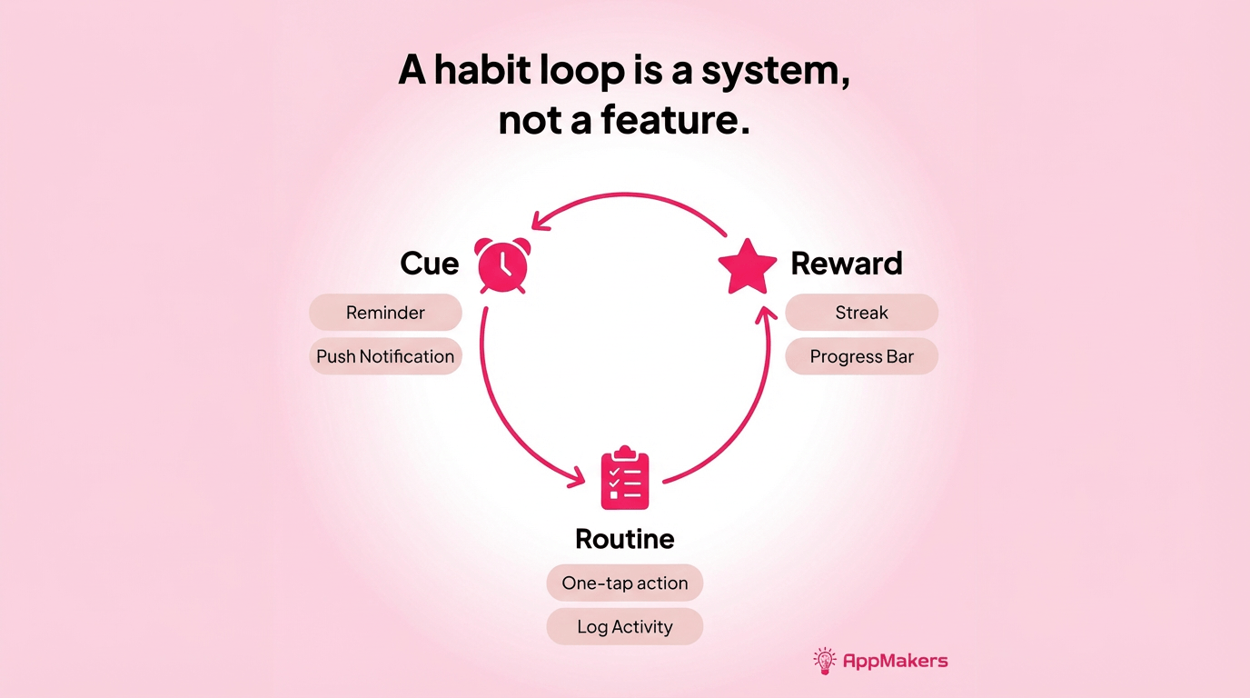 a circular loop with 3 nodes: Cue, Routine, Reward