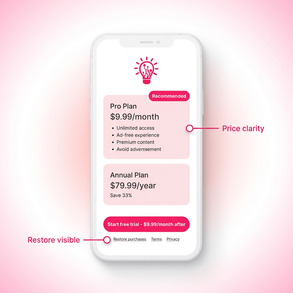 a single phone screen with header, 2 plan options, one “recommended” badge