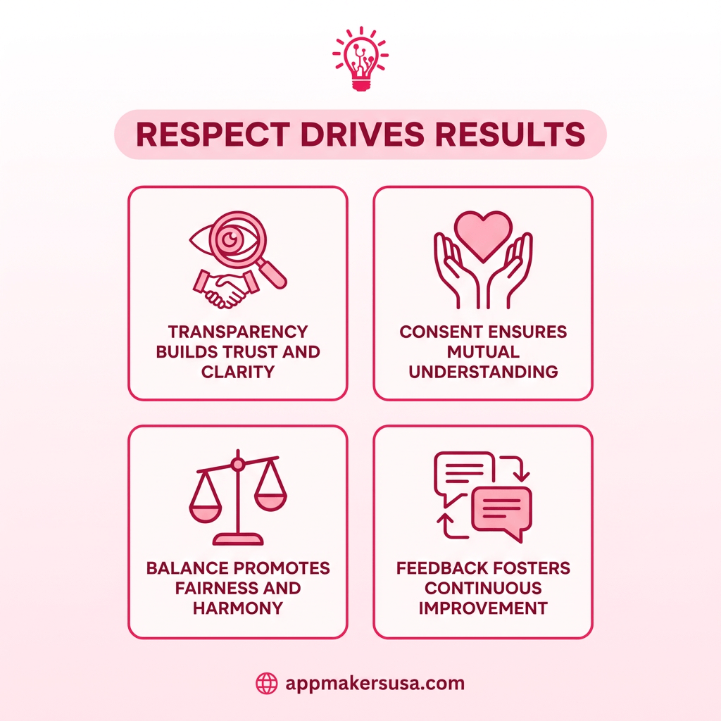 four tiles with icons that represents Transparency, Consent, Balance, Feedback