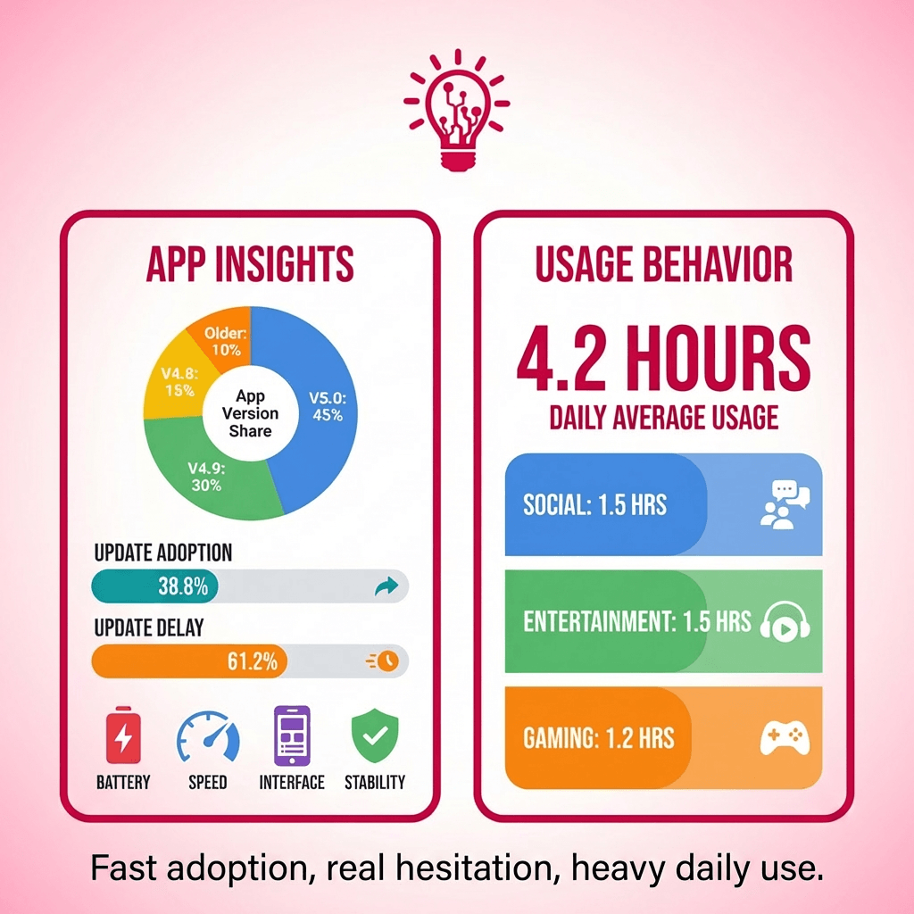 a split infographic where the left side shows a simple version share chart plus two bars for “update now” (38.8%) vs “delay” (61%), and the right side shows 4.2 hours/day with three stacked blocks (social, entertainment, gaming)