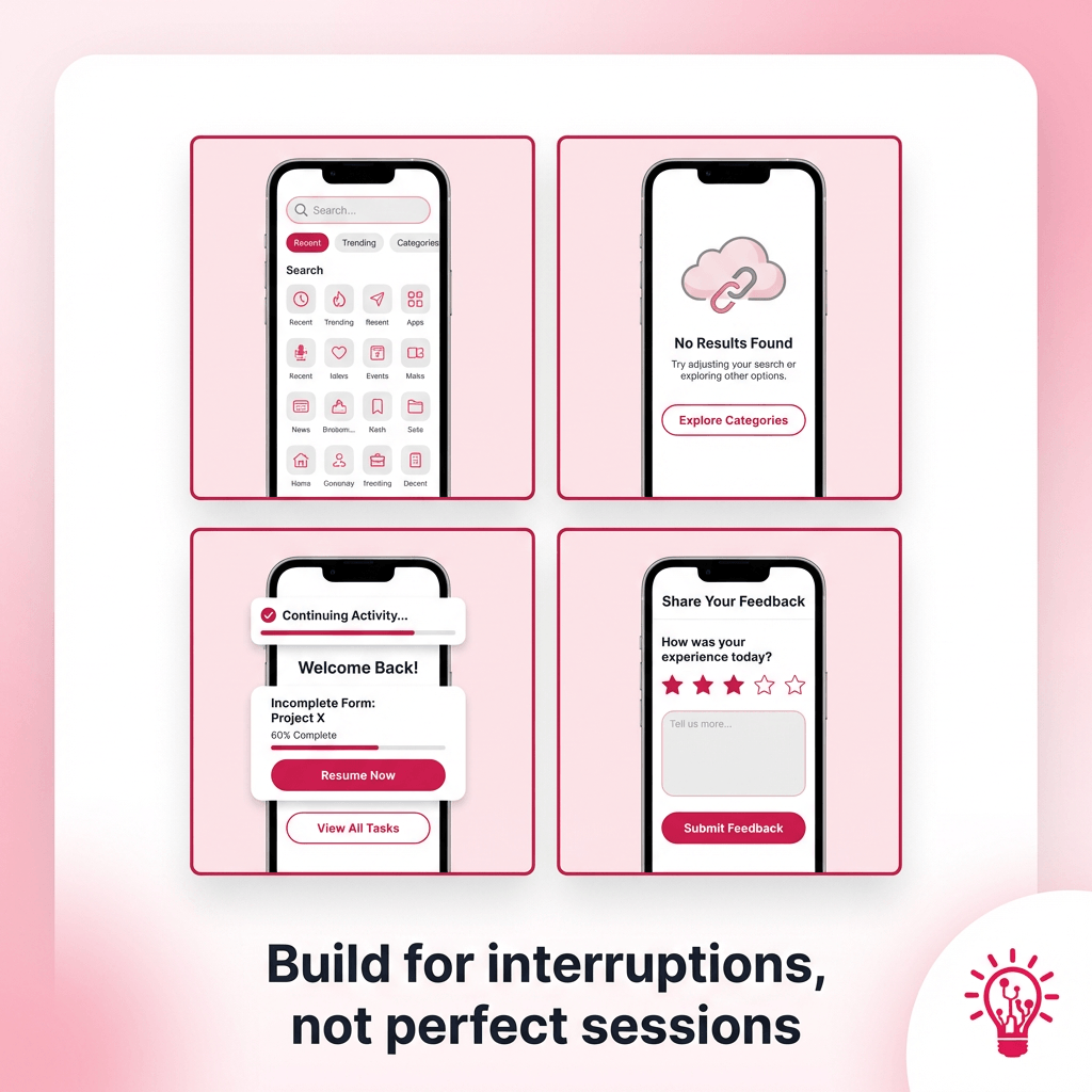 four tiles shows one small iPhone UI sketch and a one-line outcome