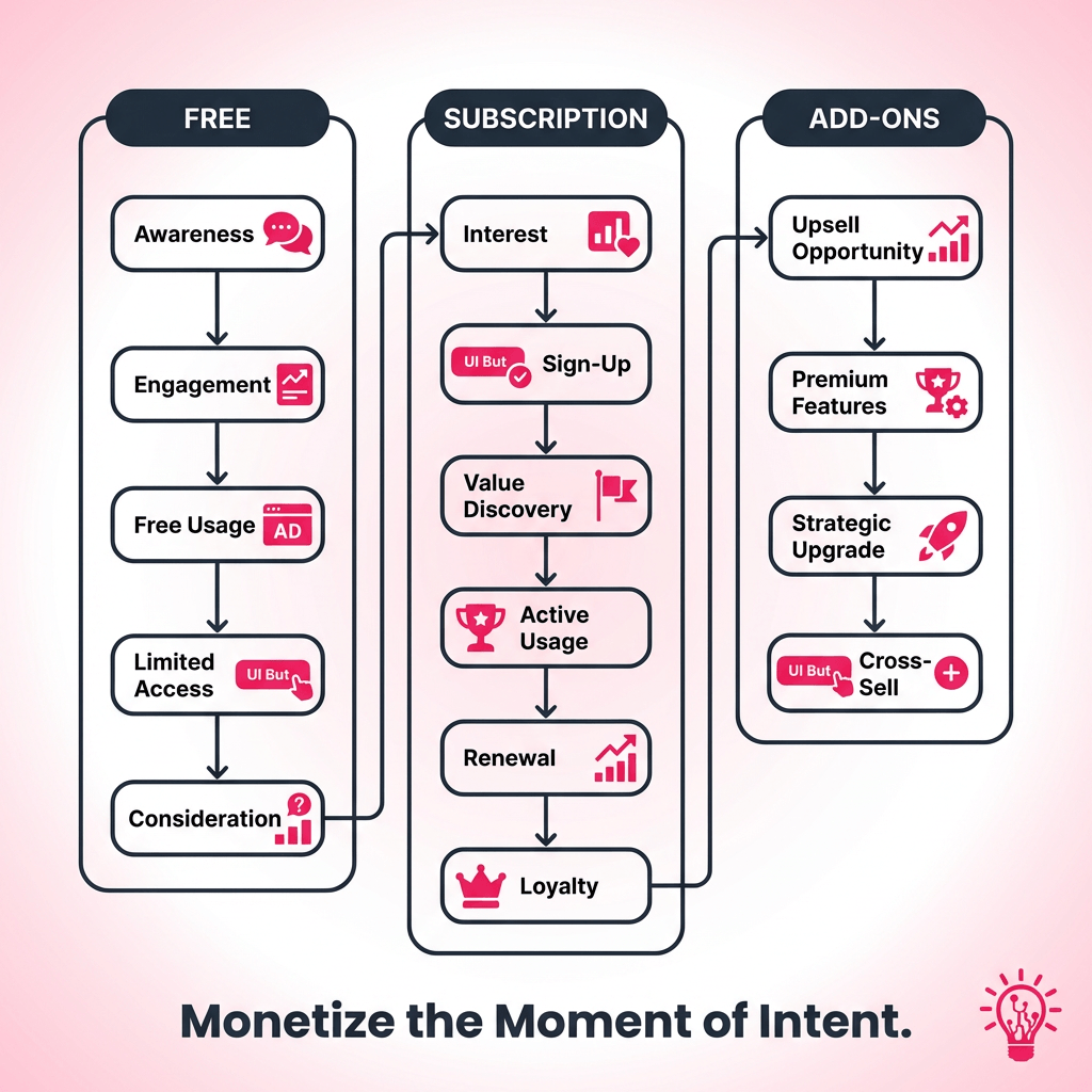three lanes labeled as Free, Subscription, and Add ons