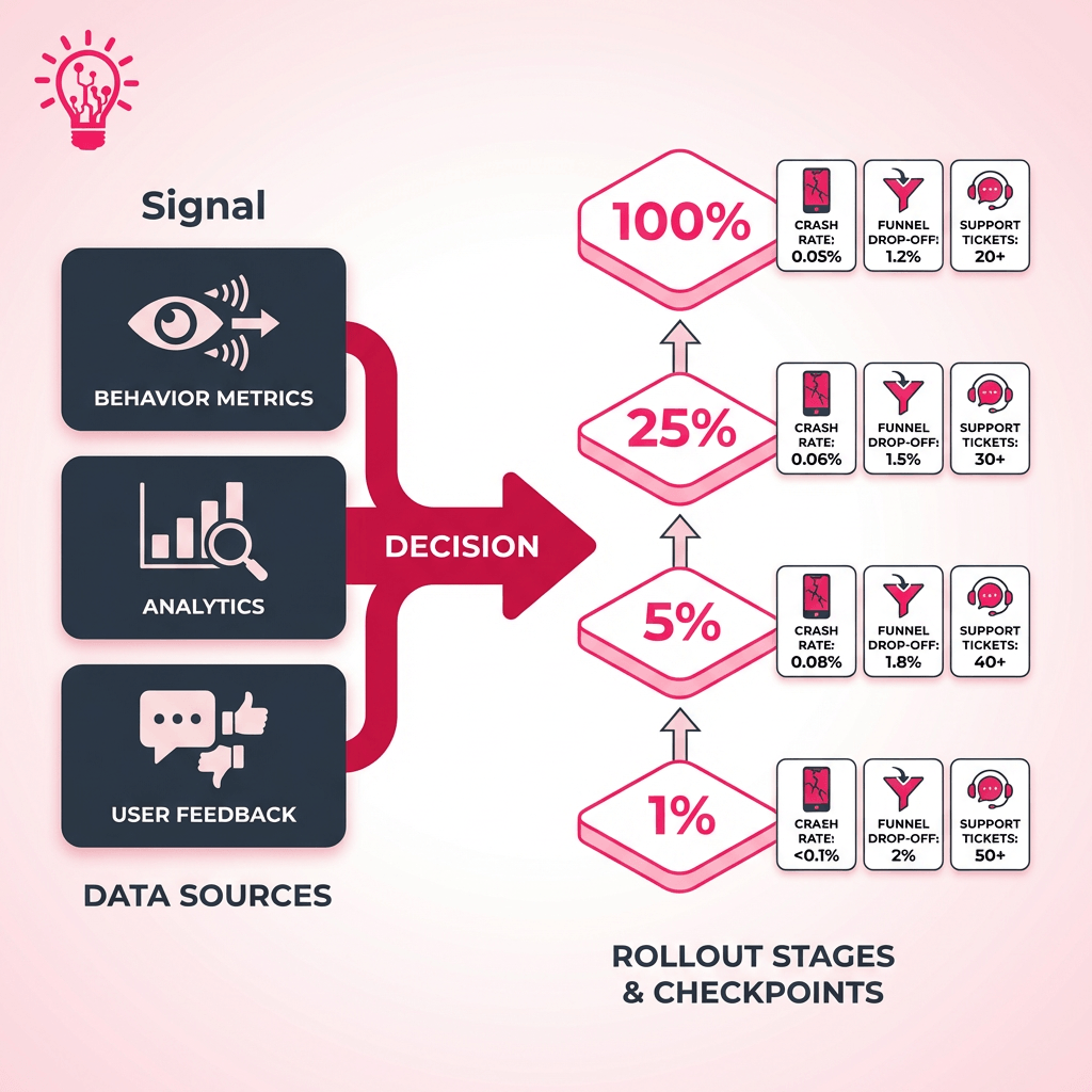 a table plus rollout diagram that shows the concept of Signal → decision → rollout