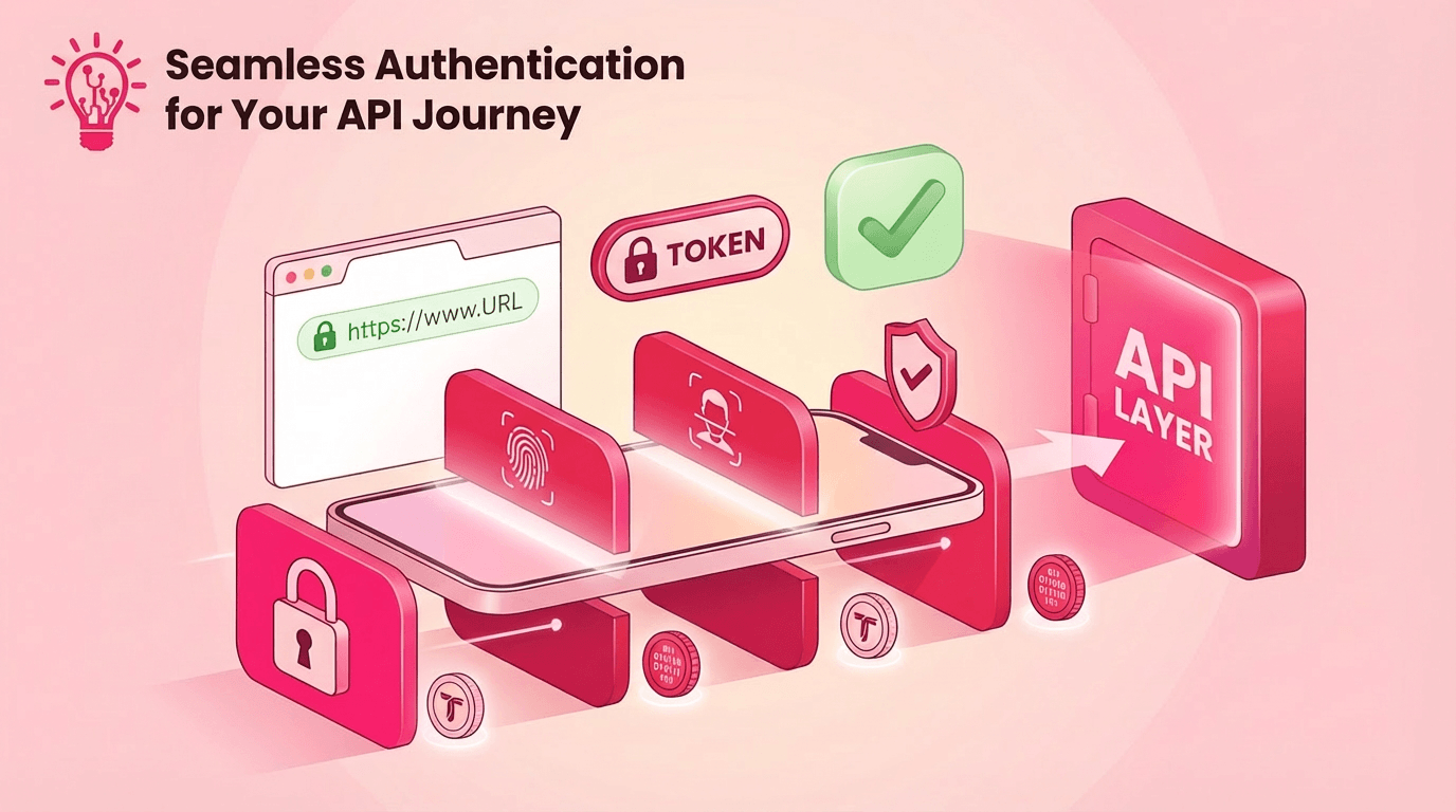Mobile authentication flow showing secure token validation, browser-based login, and protected API access.
