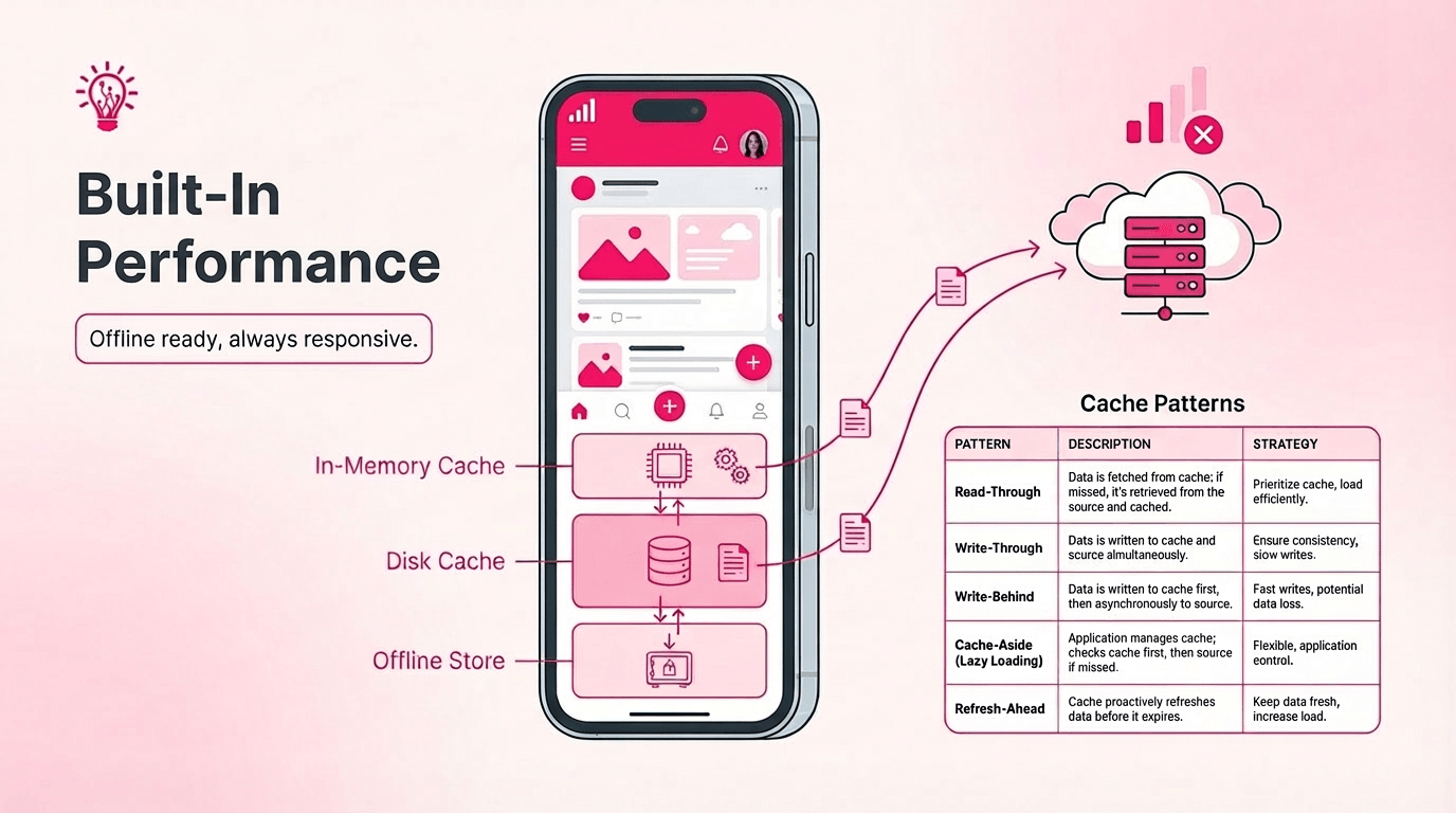 Mobile app with in-memory cache, disk cache, and offline store connected to a fallback cache strategy table.