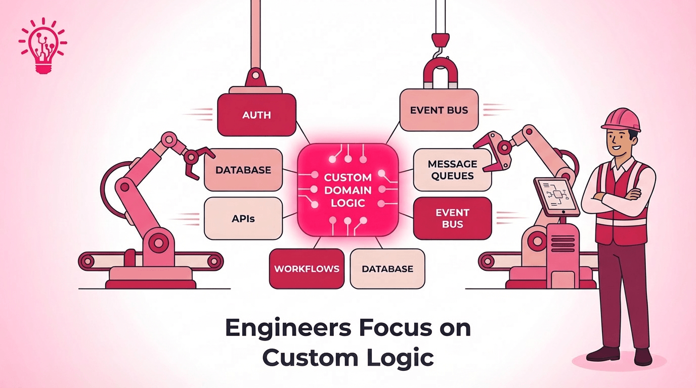 Low-code backend workflow with automated modules around a central custom domain logic block and engineers overseeing the system.