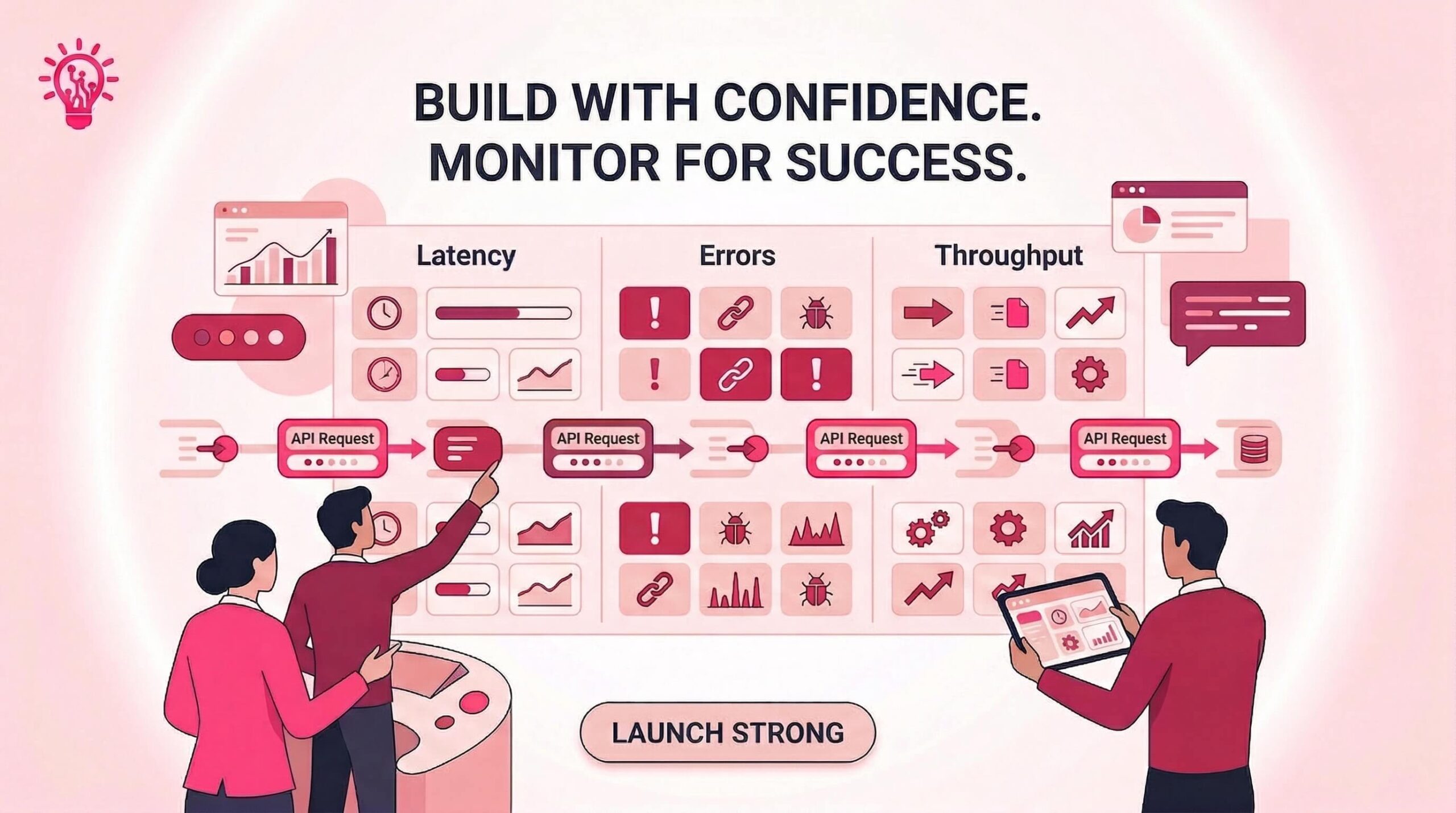 API monitoring board tracking latency, errors, and throughput across a live request flow.