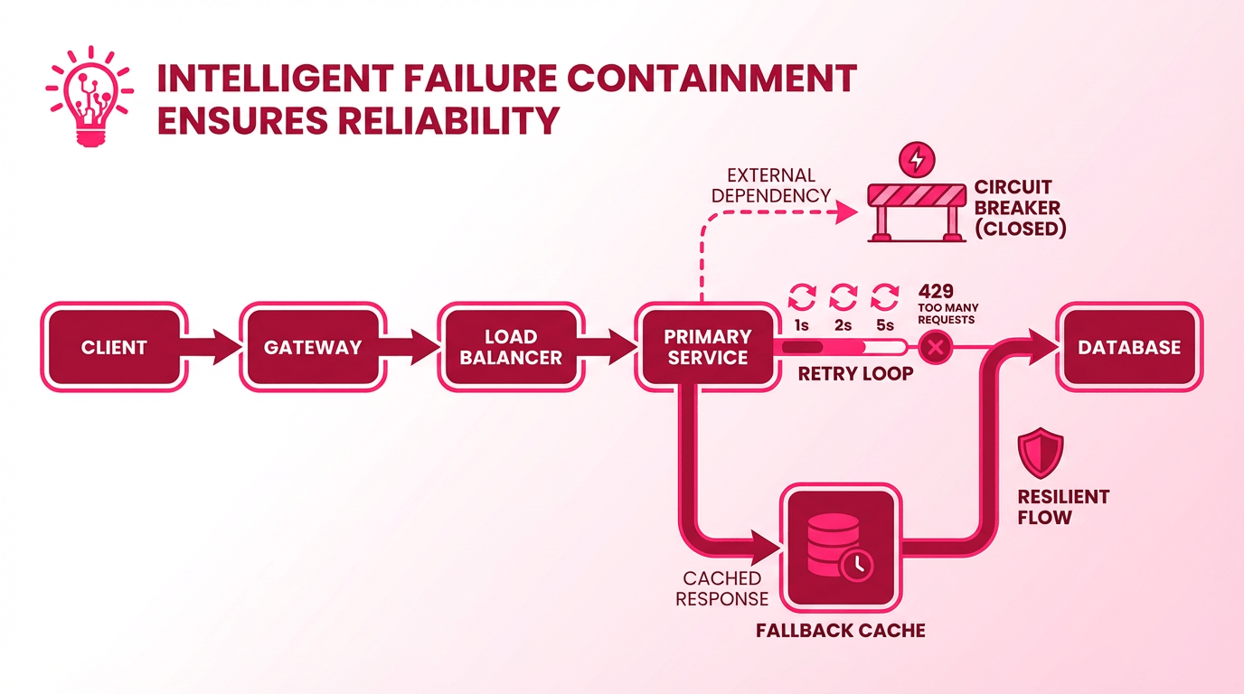 Resilient API flow showing circuit breaker, retry loop, 429 rate limit handling, and fallback cache response.