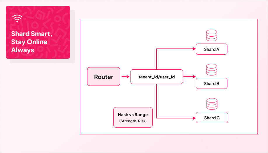 router box in the middle routing by tenant_id/user_id to Shard A/B/C, with a cache layer using consistent hashing, plus a small 2-row table