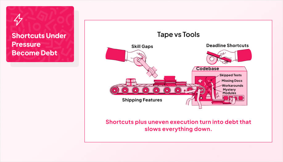 a conveyor belt labeled “Shipping Features" with two hands feed items onto it
