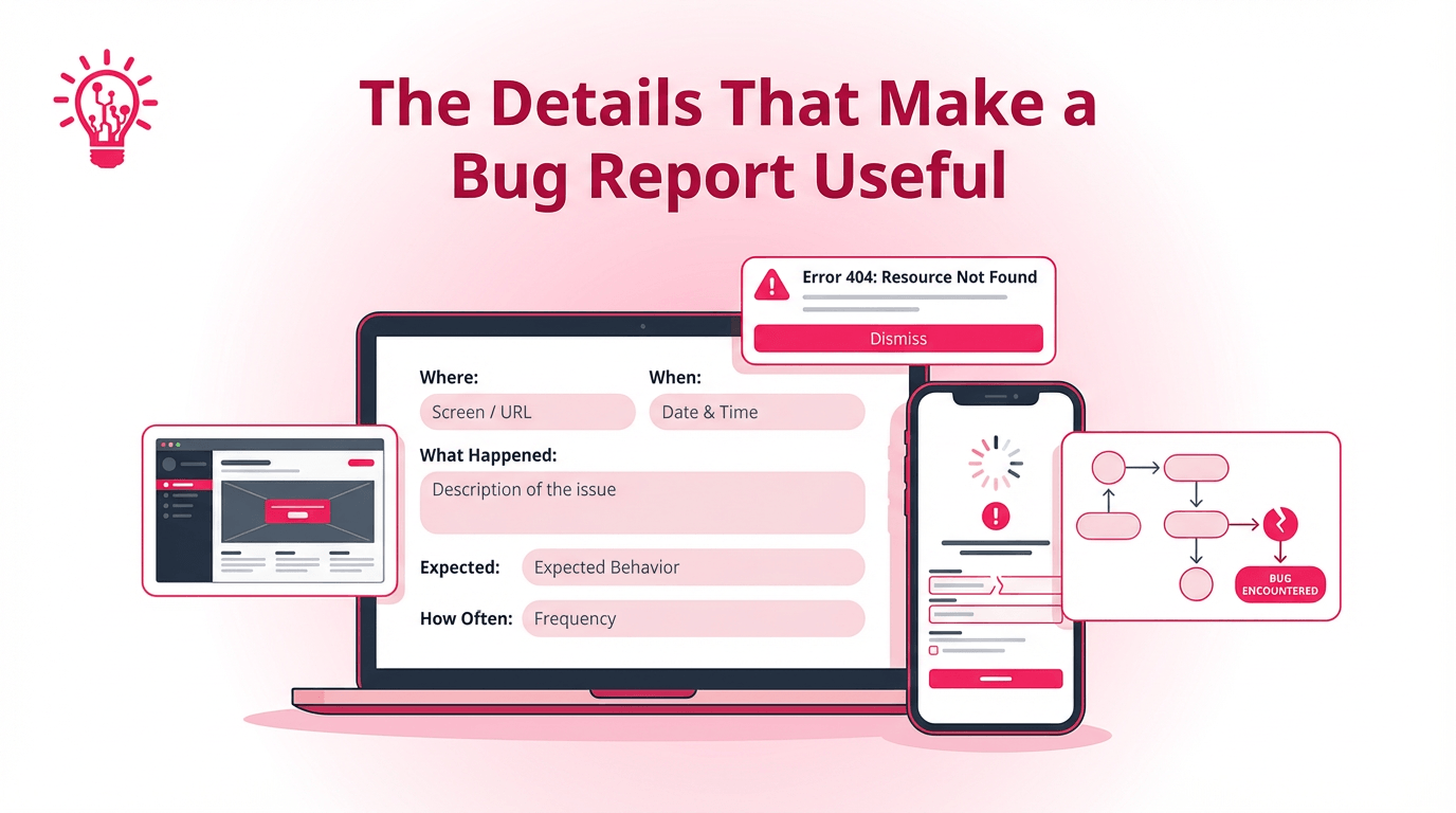 Blog image showing a clear bug report with practical details next to a mobile app issue that a developer can reproduce and fix faster.