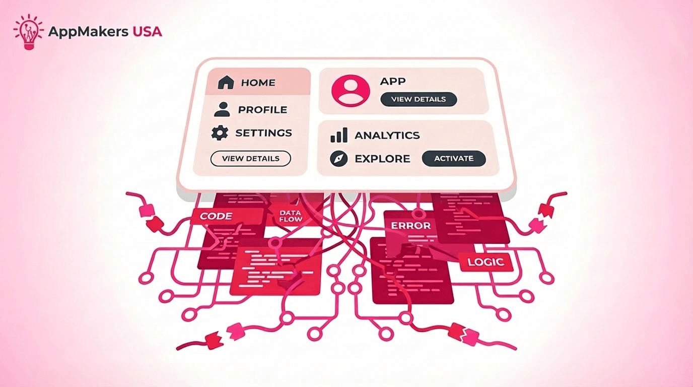 Illustration of a polished app dashboard sitting above tangled code, data flow, and error logic, showing how clean UI can hide unstable app architecture.