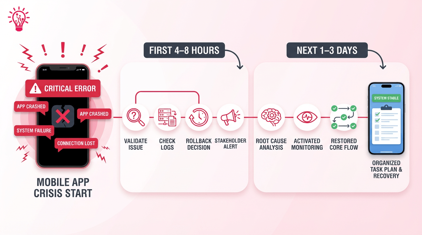 Timeline graphic showing the first hours and first few days after a mobile app crisis, from validating the issue and checking logs to restoring core flow.