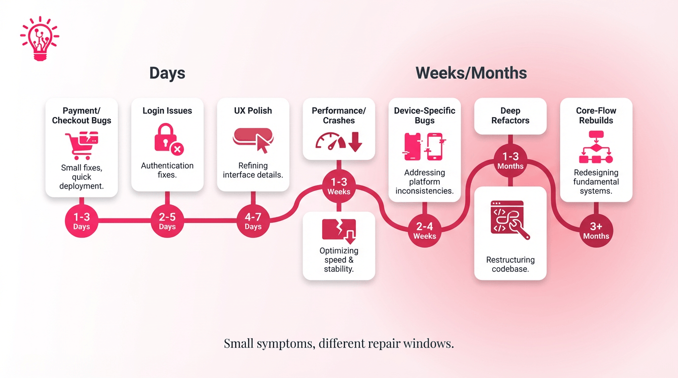 Repair timeline infographic showing how different app issues can take anywhere from days to months depending on complexity and depth of the problem.