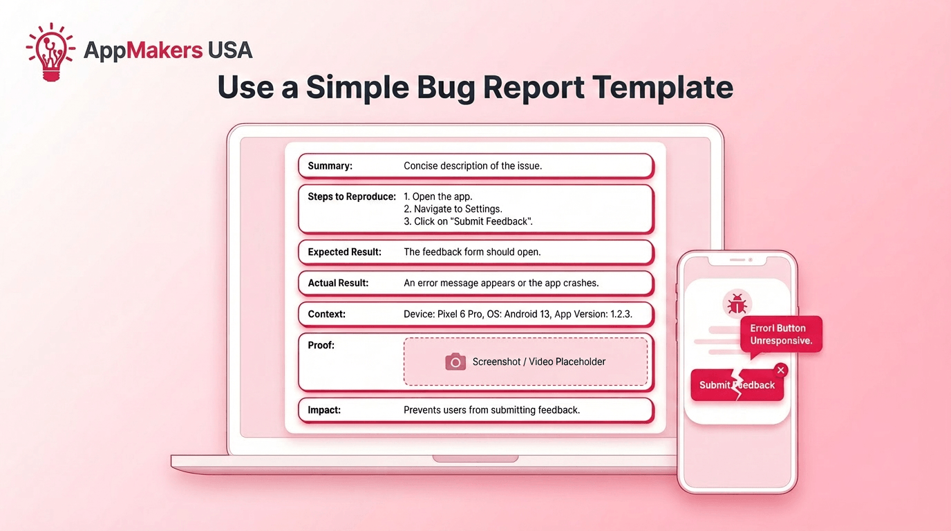 Blog image showing a structured bug report template with clear fields for summary, steps, expected result, actual result, context, proof, and impact.