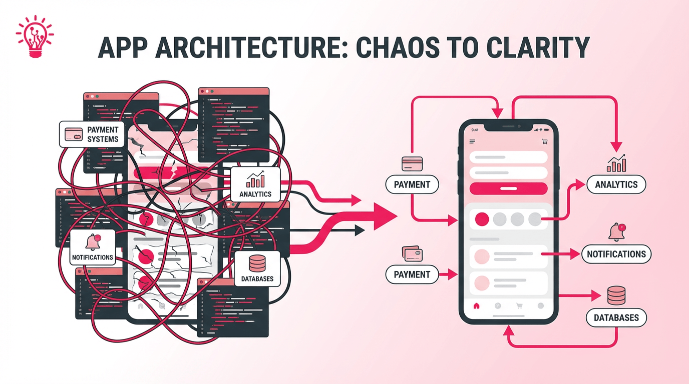 Before-and-after architecture graphic showing a tangled, chaotic app system transformed into a cleaner mobile app flow with organized integrations.