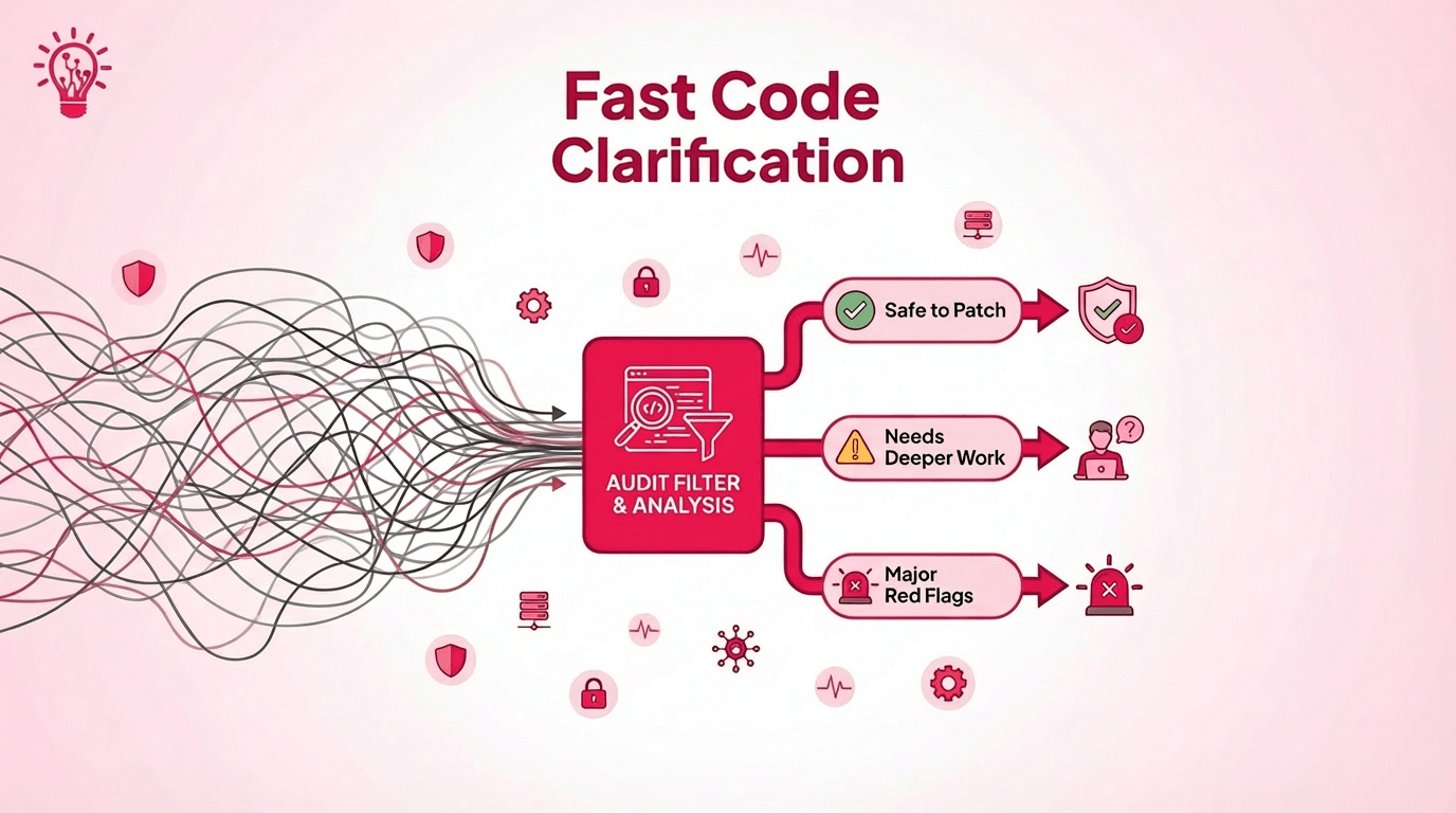 Infographic showing tangled code signals being filtered through an audit and analysis process into safe to patch, needs deeper work, or major red flags.