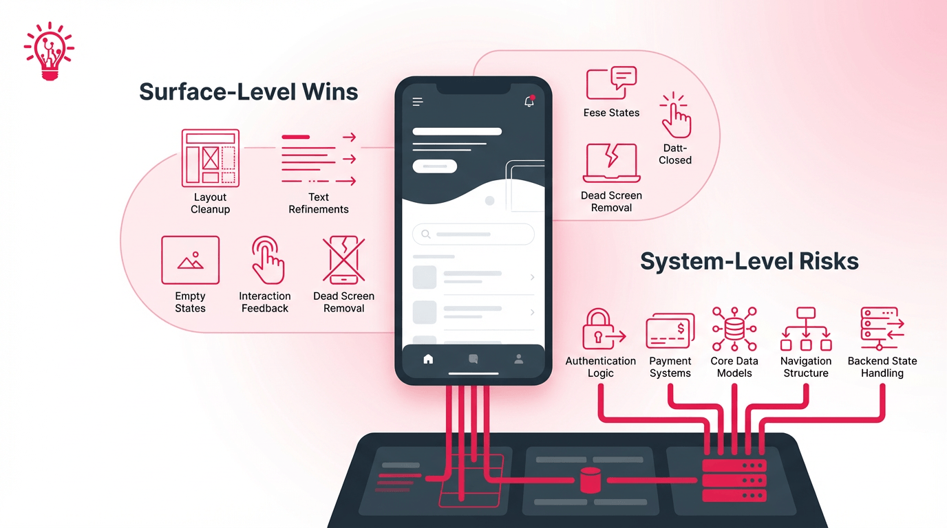 Diagram showing the difference between surface-level app fixes, like UI cleanup, and deeper system-level risks involving authentication, payments, data models, and backend state.