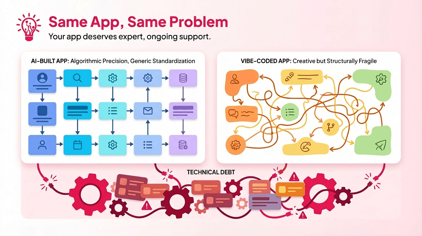 Side-by-side comparison of an orderly AI-built app flow and a messy vibe-coded app flow, with technical debt shown underneath both systems.