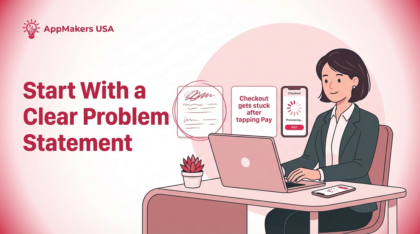 Blog image showing a founder turning a vague app complaint into a clear plain-English bug report about a broken checkout flow.