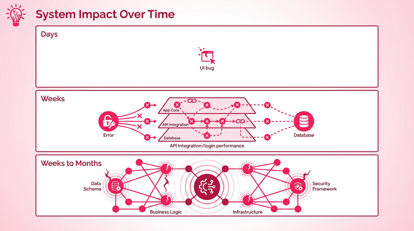 Infographic showing how app issues can expand from a small UI bug in days to deeper system, database, and security problems over weeks or months.