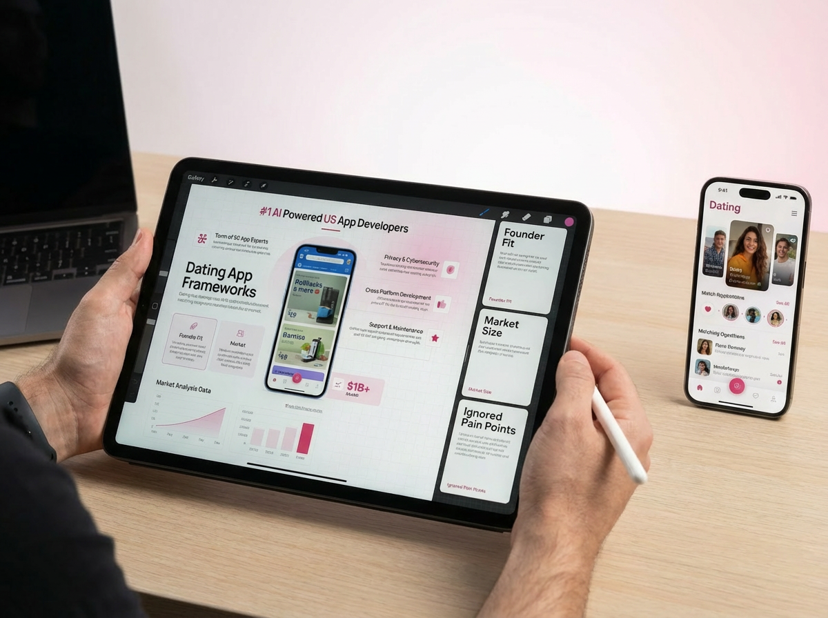 Person holding a tablet displaying a dating app framework pitch deck, with a dating app prototype visible on a smartphone beside it