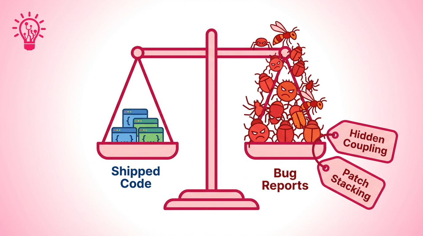 a large balance scale with left pan labeled “Shipped Code” shows a small, shrinking stack of neat blocks while the right pan labeled “Bug Reports” shows a tall messy pile of bug icons overflowing