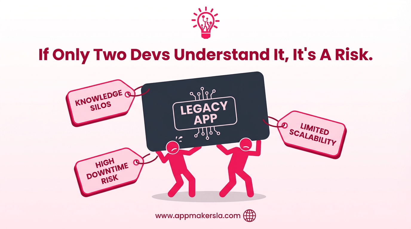 a simple “app” block labeled “Legacy App” wobbling on top of two stick-figure engineers underneath it