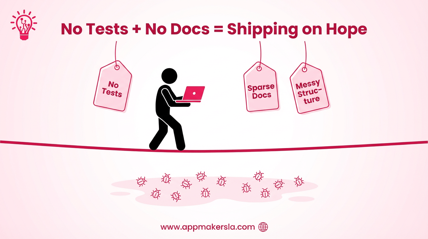 a simple tightrope line with small stick-figure developer walking on it holding a laptop