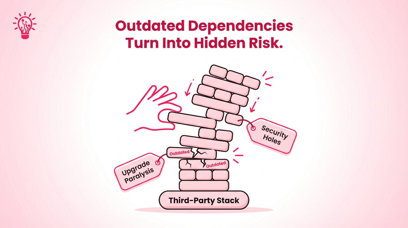 a Jenga tower labeled “Third-Party Stack” with several lower blocks that are cracked and stamped “Outdated”