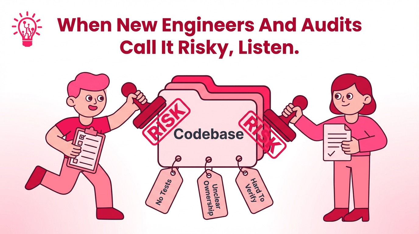 a simple folder stack labeled “Codebase” with a character labeled “New Engineer” holds a checklist and places a large crimson stamp that says “RISK” on the folder