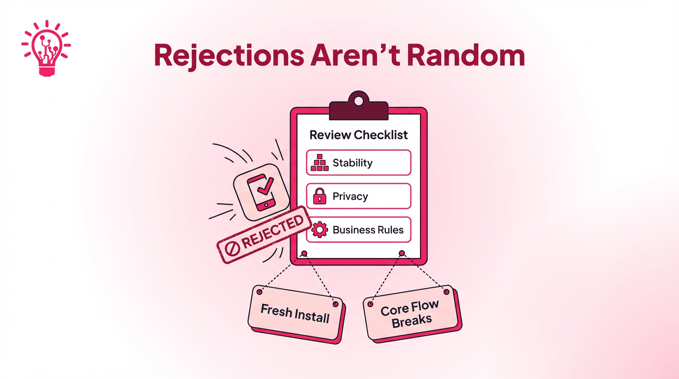 Illustration of an app icon colliding with a review checklist clipboard labeled stability, privacy, and business rules, stamped rejected to show app store rejections aren’t random